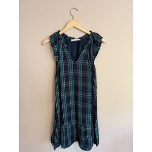 Loft Navy Green Plaid Sleeveless V-Neck Ruffle Tiered Shift‎ Dress Size 0